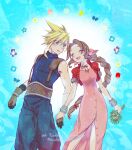  1boy 1girl 39cva aerith_gainsborough anniversary aqua_background aqua_eyes baggy_pants bandaged_arm bandages bangle bare_shoulders belt blonde_hair blue_pants blue_shirt blush bouquet bracelet braid braided_ponytail breasts brown_belt brown_gloves brown_hair choker closed_eyes cloud_strife commentary_request cowboy_shot cropped_jacket dated dress final_fantasy final_fantasy_vii flower gloves hair_between_eyes hair_ribbon highres holding holding_bouquet holding_flower holding_hands jacket jewelry long_dress long_hair medium_breasts open_mouth pants parted_bangs parted_lips pink_dress pink_ribbon puffy_short_sleeves puffy_sleeves red_jacket ribbon ribbon_choker shirt short_hair short_sleeves sidelocks single_braid sleeveless sleeveless_turtleneck smile spiked_hair suspenders teeth turtleneck twitter_username unbuttoned_dress upper_teeth_only 