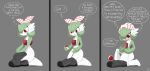  absurd_res after_transformation anthro backpack bow_ribbon colored comic curious dialogue embarrassed english_text female gardevoir generation_3_pokemon green_body green_hair hair hi_res kneeling mentalcrash nintendo pokeball pokemon pokemon_(species) red_eyes solo speech_bubble spikes spikes_(anatomy) text thought_bubble white_body 