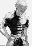  belt blue_eyes closed_mouth cowboy_shot gojou_satoru greyscale highres jujutsu_kaisen kuwoniagyu11112 looking_at_viewer monochrome muscular muscular_male pants shirt short_hair short_sleeves simple_background spot_color standing tight_clothes tight_shirt twitter_username 