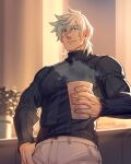  1boy absurdres bara black_sweater blue_eyes cup fate/grand_order fate_(series) hair_between_eyes highres holding holding_cup indoors large_pectorals looking_at_viewer male_focus muscular muscular_male pants pectorals percival_(fate) short_hair smile solo steam sweater thumb_in_pocket turtleneck turtleneck_sweater twitter_username white_hair white_pants yaekaidou 