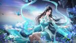 1girl absurdres bare_shoulders bird blue_bird blue_dress blue_flower circlet cloud douluo_dalu dress floating_island flower hagoromo hair_ornament highres hua_wei_yang long_sleeves ning_rongrong_(douluo_dalu) ocean rainbow second-party_source shawl sitting solo sparkle star_(sky) upper_body 