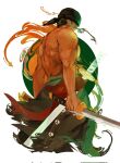  1boy back bandana clothes_down cropped_legs dark-skinned_male dark_skin dual_wielding ebiiiebiii from_side green_hair highres holding holding_sword holding_weapon katana looking_ahead male_focus one_piece pectorals roronoa_zoro short_hair sidepec smoke solo sword topless_male two-tone_background weapon 