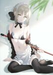  1girl absurdres apron artoria_pendragon_(alter_swimsuit_rider)_(fate) artoria_pendragon_(alter_swimsuit_rider)_(second_ascension)_(fate) artoria_pendragon_(fate) bare_shoulders bikini black_bikini black_jacket black_ribbon black_skirt black_thighhighs blonde_hair blush braid breasts choker fate/grand_order fate_(series) french_braid frilled_choker frills hair_bun hair_ribbon highres jacket long_hair long_sleeves looking_at_viewer maid maid_bikini maid_headdress mop navel nozawa_noko off_shoulder open_clothes open_jacket parted_lips ribbon sidelocks skirt small_breasts solo swimsuit thighhighs thighs unconventional_maid waist_apron white_apron yellow_eyes 