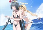  3girls ;d ahoge bent_over bikini black_bikini black_hair black_wings blue_archive blurry breasts brown_hair cleavage collarbone commentary_request depth_of_field eyewear_on_head frilled_bikini frills hair_between_eyes hair_bobbles hair_ornament halo hifumi_(blue_archive) hifumi_(swimsuit)_(blue_archive) highres horizon hoshino_(blue_archive) hoshino_(swimsuit)_(blue_archive) hug hug_from_behind in_water leavv long_hair looking_at_another low_twintails lying multiple_girls navel ocean official_alternate_costume on_stomach one_eye_closed pink_hair ponytail red_eyes riding side-tie_bikini_bottom sidelocks sleeveless smile spaghetti_strap stomach stuffed_whale sunglasses sunlight surprised sweatdrop swimsuit tsurugi_(blue_archive) tsurugi_(swimsuit)_(blue_archive) twintails waves wet wet_clothes wet_swimsuit white_bikini wing_hair_ornament wings yellow_eyes 