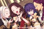  4girls :d bernadetta_von_varley black_dress blush breasts brown_hair cake cake_slice cleavage closed_eyes dorothea_arnault dress earrings eating edelgard_von_hresvelg fire_emblem fire_emblem:_three_houses food fruit garreg_mach_monastery_uniform gold_trim grey_hair happy_birthday jewelry kh_(tanakananataka) licking long_hair long_sleeves multiple_girls neckerchief petra_macneary purple_eyes purple_hair shirt smile strawberry tongue tongue_out uniform upper_body white_neckerchief white_shirt 