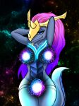  anthro aurelion_sol_(lol) blue_eyes crossgender dragon female hair hand_on_head hi_res humanoid league_of_legends long_hair looking_at_viewer megi riot_games scalie smile solo space 