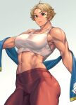  1girl abs blonde_hair blue_eyes breasts highres large_breasts looking_at_viewer mikel_(4hands) muscular muscular_female original short_hair simple_background smile solo tank_top thick_thighs thighs towel 