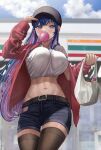  1girl bag baseball_cap bet blue_eyes blue_hair blurry blurry_background breasts bubble_blowing cellphone chewing_gum colored_inner_hair convenience_store cowboy_shot crop_top hat highres holding holding_clothes holding_hat jacket large_breasts linea_alba long_hair looking_at_viewer midriff multicolored_hair navel open_clothes open_jacket original phone pink_hair shirt shop shopping_bag short_shorts shorts silvertsuki smartphone solo thighhighs white_shirt 