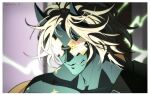  1boy blue_horns blue_skin colored_skin grey_hair guilty_gear guilty_gear_strive happy_chaos highres horns looking_at_viewer male_focus medium_hair orange-tinted_eyewear saharab_artist smile tinted_eyewear x-shaped_eyewear 