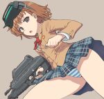  1girl assault_rifle black_eyes blank_eyes blazer blue_skirt bow bowtie brown_background brown_hair brown_jacket bullpup buttons clenched_hand collared_shirt commentary empty_eyes fn_f2000 from_below grenade_launcher groin gun head-mounted_display heart heart_necklace holding holding_gun holding_weapon jacket jewelry jinrai_(owl12) long_sleeves medium_hair miniskirt misaka_imouto misaka_imouto_10032 necklace open_mouth panties pantyshot parted_bangs red_bow red_bowtie rifle running school_uniform shirt skirt solo striped striped_panties thighs toaru_majutsu_no_index tokiwadai_school_uniform underbarrel_grenade_launcher underwear upper_body weapon white_shirt winter_uniform 