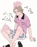  1boy absurdres alternate_costume animal_on_head animal_on_leg artist_name black_footwear blonde_hair chaki_(chackiin) character_request check_character closed_mouth collared_shirt floral_print highres johan_liebert knees_up male_focus monster_(manga) on_head pig pink_shirt sandals shirt short_hair short_sleeves shorts sitting solo 