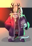  absurd_res anthro balls beverage bottomless clothed clothing dragon eyebrows facial_hair fafnir_(little_witch_academia) flaccid genitals goatee hi_res horn hot_beverage humanoid_genitalia humanoid_penis little_witch_academia long_eyebrows looking_at_viewer male mature_male mug penis pubes scalie slippers solo studio_trigger talons yellowluster 