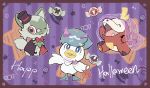  ;3 blue_eyes blush border bright_pupils brown_border candy_wrapper cloak commentary_request fuecoco halloween happy_halloween hat no_humans one_eye_closed open_mouth pokemon pokemon_(creature) quaxly smile sprigatito starter_pokemon_trio tudurimike white_pupils 