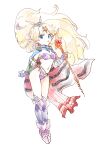  1girl armor bikini_armor blonde_hair blue_eyes boots breasts cape detached_sleeves earrings esper_(saga_2) full_body gloves holding holding_staff jewelry long_hair looking_at_viewer navel no_s pointy_ears saga saga_2 simple_background solo staff white_background 