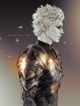  1boy armor artist_name astarion_(baldur&#039;s_gate) baldur&#039;s_gate baldur&#039;s_gate_3 curly_hair dungeons_and_dragons elf greyscale looking_ahead male_focus monochrome pale_skin partially_colored pointy_ears profile red_eyes short_hair sparks sunsetagain upper_body vampire white_hair 