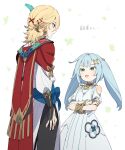  1boy 1girl aqua_hair blonde_hair cape crossed_arms dress earrings faruzan_(genshin_impact) feather_hair_ornament feathers genshin_impact green_eyes hair_between_eyes hair_ornament hairclip height_difference jewelry kaveh_(genshin_impact) long_hair moyori open_mouth red_cape red_eyes simple_background triangle-shaped_pupils twintails white_dress x_hair_ornament 