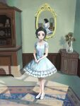  1girl absurdres black_eyes black_hair clock different_reflection doll dress grandfather_clock high_heels highres indoors looking_at_viewer mirror okura_lino original reflection solo vase white_dress white_footwear 