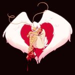  1girl antennae bird_legs black_background blood blood_drip blood_on_feet blood_on_hands breasts commentary devilman feathered_wings full_body hanpetos harpy heart heart_wings hugging_own_legs medium_breasts monster_girl nipples siren_(devilman) solo talons white_hair wings 