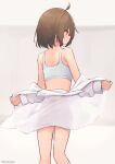  1girl ahoge arm_up artist_name back bare_shoulders blush bob_cut bra brown_hair centi_mnkt cowboy_shot highres looking_to_the_side original oversized_clothes red_eyes shirt short_hair sidelocks smile solo sports_bra twitter_username underwear undressing white_shirt 