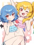  2girls :q ;d \||/ alternate_costume bare_arms bare_shoulders bat_wings bikini blonde_hair blue_hair blush commentary_request crystal cup drinking_glass fangs feet_out_of_frame flandre_scarlet flat_chest flower frills hair_between_eyes hand_up hibiscus highres holding holding_cup knees_together_feet_apart looking_at_viewer mini_wings miz_(mizillustration) multiple_girls nail_polish no_headwear one_eye_closed one_side_up open_mouth petite pink_background red_flower red_nails remilia_scarlet siblings simple_background sisters sitting smile star_(symbol) starry_background swimsuit teeth tongue tongue_out touhou upper_teeth_only wine_glass wings 