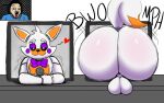  &lt;3 animatronic anthro arthurclaws backsack balls bedroom_eyes big_butt black_sclera bow_tie butt canid canine desk five_nights_at_freddy&#039;s five_nights_at_freddy&#039;s_world fox furniture genitals hi_res huge_butt human lolbit_(fnaf) looking_at_viewer machine male mammal markiplier narrowed_eyes presenting presenting_hindquarters pupils robot scottgames seductive solo table tail television the_bite_of_87 thinking_with_portals through_screen white_pupils 
