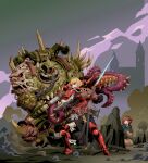  1boy 2girls absurdres adepta_sororitas blonde_hair blue_eyes bob_cut bolter chaos_(warhammer) chaos_space_marine demon_horns explosive female_child grenade highres horns multiple_girls nurgle power_armor purity_seal red_hair rmulderz rosary scar scar_on_face short_hair sword warhammer_40k weapon worm 