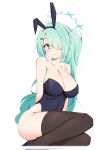  1girl absurdres animal_ears black_thighhighs blue_archive breasts cleavage green_hair grey_eyes hair_ornament hair_over_one_eye hairclip halo highres hiyori_(blue_archive) komasi large_breasts long_hair playboy_bunny rabbit_ears side_ponytail thighhighs 