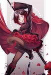  artist_name black_dress black_hair boots cape dress frilled_skirt frills gradient_hair grey_eyes highres holding holding_weapon leg_up miviy19 multicolored_hair open_mouth pantyhose petals red_cape red_hair ruby_rose rwby scythe skirt smile weapon 