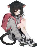  1girl absurdres animal_ears backpack bag bandaid bandaid_on_cheek bandaid_on_face bandaid_on_knee bandaid_on_leg black_eyes black_hair black_shorts cat_ears cat_girl cat_tail closed_mouth commentary crossed_ankles crossed_bandaids eyepatch full_body grey_jacket hair_intakes highres jacket knees_up long_bangs long_sleeves looking_at_viewer medical_eyepatch medium_hair one_eye_covered original randoseru red_bag shoes shorts simple_background sitting sneakers socks solo symbol-only_commentary tail twitter_username watermark white_background white_socks yuiitsu zipper 