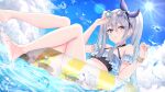  1girl bare_shoulders barefoot bikini blue_eyes blue_nails blue_sky bracelet cloud eyewear_on_head gradient_eyes grey_hair hairband highres innertube jewelry kanikou multicolored_eyes nail_polish original sky solo star_(symbol) sun swimsuit toenail_polish toenails twintails water 