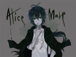  1boy alicemare black_cape black_eyes black_hair book cape closed_mouth finger_to_mouth grey_background jewelry long_hair long_sleeves looking_at_viewer low_ponytail male_focus miwasiba necklace sensei_(alicemare) shirt shushing smile solo white_shirt 