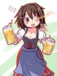  1girl alcohol alternate_costume apron artist_logo beer beer_mug blue_apron bodice breasts brown_hair cleavage cup dated dirndl flying_sweatdrops furutaka_(kancolle) german_clothes glowing glowing_eye heterochromia kantai_collection kutone_shirika medium_breasts mug puffy_short_sleeves puffy_sleeves red_skirt shirt short_hair short_sleeves skirt solo waist_apron white_shirt yellow_eyes 