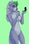  2023 5_fingers anthro black_nose blue_body blue_fur breasts canid canine canis claws cupcake2007 fangs female finger_claws fingers five_nights_at_freddy&#039;s five_nights_at_freddy&#039;s:_security_breach fur genitals green_highlights hair hi_res highlights_(coloring) humanoid_hands lipstick makeup mammal mirror navel nipples nude open_mouth pussy roxanne_wolf_(fnaf) scottgames silver_hair solo steel_wool_studios teeth tongue wolf 