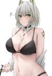  1girl animal_ears arknights bare_shoulders black_bra blush bra breasts cat_ears cleavage commentary green_eyes grey_hair highres holding holding_syringe kal&#039;tsit_(arknights) large_breasts looking_at_viewer nami_(namikare4) navel off_shoulder oripathy_lesion_(arknights) short_hair solo stomach syringe underwear upper_body 