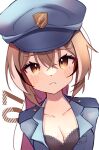  1girl :t absurdres alternate_costume black_bra blue_shirt blush bra collared_shirt hat highres hololive hololive_english lace_trim lavendeavor long_hair looking_at_viewer nanashi_mumei partially_unbuttoned police police_hat police_uniform policewoman ponytail shirt underwear uniform very_long_hair virtual_youtuber 