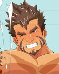  1boy 2boys abs arrow_(projectile) bara beach blush brown_hair clenched_teeth cropped cross_scar dark-skinned_male dark_skin facial_hair flaming_eye full-face_blush goatee heracles_(housamo) implied_sex implied_yaoi karakuraax large_pectorals looking_at_viewer male_focus mature_male multiple_boys muscular muscular_male muscular_uke mutton_chops navel nipples one_eye_closed paid_reward_available pectorals scar scar_on_chest short_hair sideburns smile solo_focus stomach sweat teeth thick_eyebrows tokyo_afterschool_summoners very_sweaty 