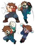  1boy absurdres blocking blue_eyes blue_overalls boots brown_hair clenched_hands denim facial_hair gloves highres hood hoodie kicking male_focus mario mario_(series) mustache overalls punching red_hoodie redlhzz running white_background white_gloves 