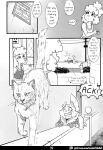  2023 2_horns abby_(canisfidelis) absurd_res ambiguous_gender amy_(canisfidelis) anthro antlers biped bodily_fluids bottomwear canid canine canis canisfidelis capreoline cheek_tuft clothed clothing comic deer dialogue dipstick_tail domestic_cat domestic_dog duo eliza_(canisfidelis) english_text eyebrows facial_tuft felid feline felis female feral floppy_ears fluffy fluffy_ears fluffy_hair footwear gloves_(marking) group hair hi_res holding_object horn inside jacket looking_at_another looking_up lying mammal maned_wolf markings monochrome neck_tuft on_front open_mouth outside pants ponytail poodle quadruped reindeer scared scut_tail shirt short_hair short_tail skirt solo speech_bubble standing sweat sweatdrop tail tail_markings teeth text thought_bubble tongue topwear trio tuft 
