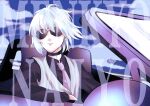  1boy accelerator_(toaru_majutsu_no_index) albino black_choker black_shirt car choker cloud cloudy_sky driving english_text formal fuyunagi highres light_frown long_sleeves looking_at_viewer motor_vehicle necktie official_alternate_costume pale_skin pink_necktie portrait shirt short_hair sky solo striped striped_vest sunglasses toaru_majutsu_no_index vertical-striped_vest vertical_stripes vest white_hair white_vest 