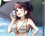 1girl bikini blue_sky blush breasts brown_eyes brown_hair can cleavage cloud commentary_request highres holding holding_can kujikawa_rise large_breasts long_hair looking_at_viewer official_alternate_costume one_eye_closed parasol persona persona_4 pppppknw sky smile solo sunlight swimsuit twitter_username two_side_up umbrella white_bikini 