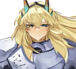  1girl armor barghest_(fate) barghest_(first_ascension)_(fate) blonde_hair blue_eyes breastplate closed_mouth crossed_bangs expressionless fate/grand_order fate_(series) hair_between_eyes heterochromia highres horns long_hair looking_at_viewer obazzotto orange_eyes outdoors pauldrons portrait shoulder_armor solo white_background 