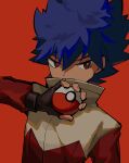  1boy black_gloves blue_hair bright_pupils commentary_request fingerless_gloves gloves hair_between_eyes hand_up high_collar highres himurohiromu holding holding_poke_ball hugh_(pokemon) jacket long_sleeves male_focus poke_ball poke_ball_(basic) pokemon pokemon_(game) pokemon_bw2 red_background red_eyes red_jacket short_hair solo spiked_hair upper_body white_pupils 