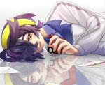  1boy blue_shirt collared_shirt commentary_request crossed_bangs crying hairband hand_up highres holding holding_poke_ball jacket kieran_(pokemon) kyouka._(kyouka) long_sleeves lying male_focus mole mole_on_neck necktie open_mouth photo_(object) poke_ball poke_ball_(basic) pokemon pokemon_(game) pokemon_sv red_necktie reflection shirt solo tears white_jacket yellow_eyes yellow_hairband 