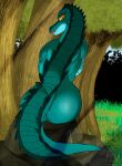  2017 anthro athletic big_butt breasts butt countershade_face countershading crocodile crocodilian crocodylid digital_media_(artwork) fangs female forest grass hi_res justathereptile leaf light light_beam lips looking_at_viewer looking_back muscular muscular_female nileeah_(justathereptile) non-mammal_breasts nude orange_eyes outdoor_nudity outside plant pupils rear_view reptile rock scales scalie scutes sitting slit_pupils smile solo sunbeam sunlight tail teal_body teal_scales teal_skin teeth tree watermark 