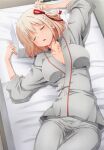  1girl absurdres blonde_hair blush breasts cleavage closed_eyes collarbone futon grey_pants hair_ribbon highres izumi_mahiru large_breasts lycoris_recoil nishikigi_chisato no_bra non-web_source open_mouth pajamas pants ribbon short_hair sleeping solo 