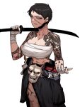  1girl abs absurdres angry bandaged_hand bandages black_hair black_nails breasts cleavage clothes_around_waist gigle highres holding holding_sword holding_weapon jacket jacket_around_waist legs muscular muscular_female noh_mask original short_hair solo sword tattoo weapon white_background 