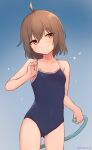  1girl adjusting_clothes adjusting_swimsuit ahoge blue_background breasts brown_hair centi_mnkt cowboy_shot gradient_background highres holding holding_hose hose light_blue_background looking_at_viewer new_school_swimsuit one-piece_swimsuit original red_eyes school_swimsuit short_hair sidelocks simple_background small_breasts smile standing swimsuit water_drop 