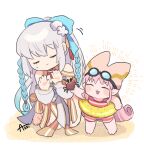  2girls animal aqua_hair arm_at_side azu_(kirara310) bare_shoulders barefoot beach blue_bow blue_nails blush_stickers bow braid chibi closed_eyes crab detached_sleeves fate/grand_order fate_(series) flower goggles goggles_on_head gradient_hair grey_hair habetrot_(fate) hair_bow hair_flower hair_ornament hand_up hands_up happy_aura hat highres holding holding_animal innertube kneeling long_hair long_sleeves morgan_le_fay_(fate) morgan_le_fay_(water_princess)_(fate) multicolored_hair multiple_girls nail_polish one-piece_swimsuit open_mouth pink_hair pink_headwear pointy_ears polka_dot_innertube ponytail red_one-piece_swimsuit red_tassel ribbon sand signature simple_background smile standing striped striped_one-piece_swimsuit striped_ribbon sweat swimsuit tassel tassel_hair_ornament white_background white_flower white_sleeves yellow_innertube yellow_ribbon 