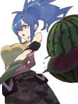  blue_eyes blue_hair camouflage camouflage_pants crop_top cutting dog_tags earrings fighting_stance food fruit highres irc14786149 jewelry leona_heidern looking_at_viewer motion_lines open_mouth pants ponytail tank_top the_king_of_fighters the_king_of_fighters_xv training triangle_earrings watermelon yellow_tank_top 