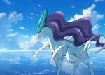  closed_mouth cloud commentary_request day from_side frown no_humans outdoors pokemon pokemon_(creature) red_eyes reflection sena_(jcwe4828) sky solo standing suicune 